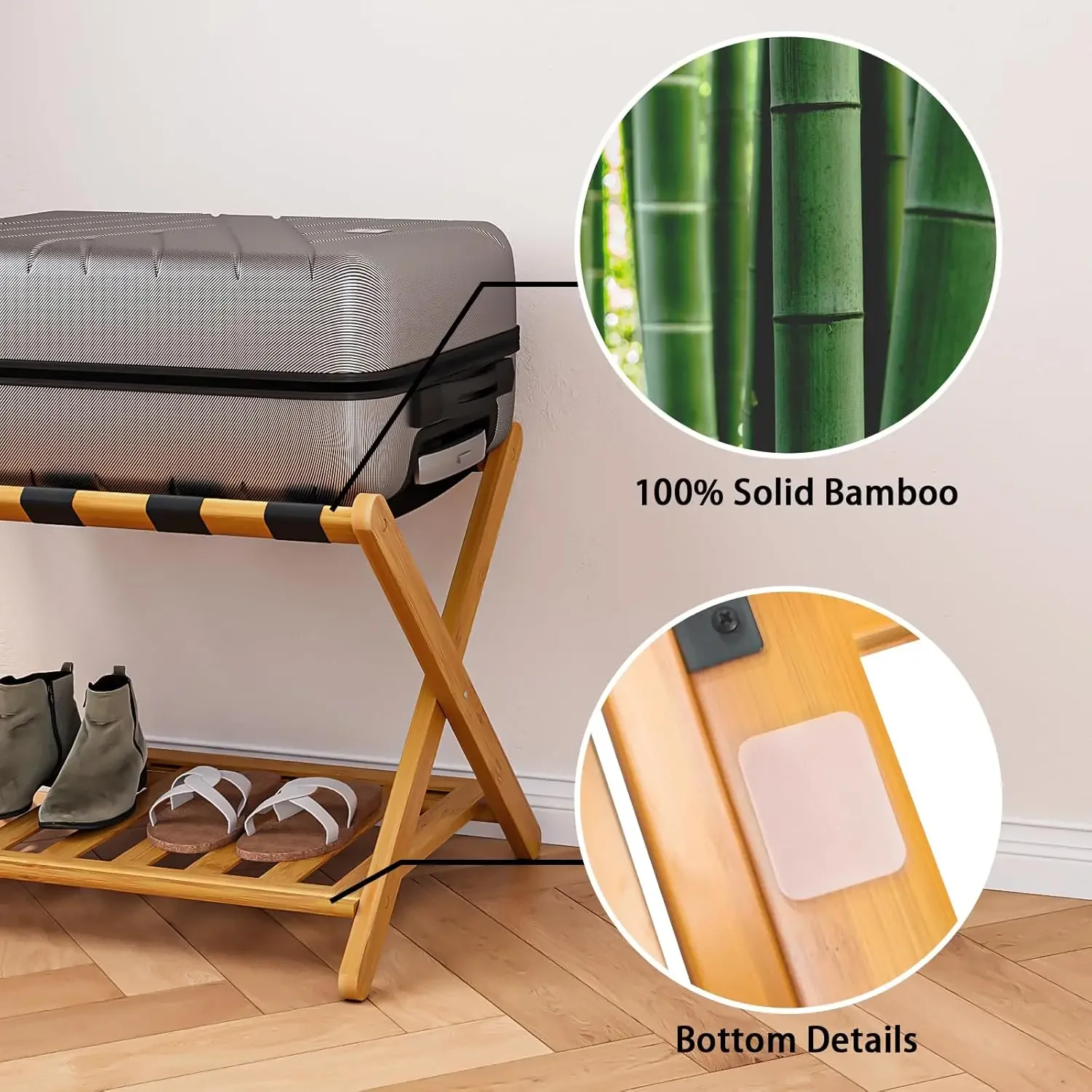 Assembled Bamboo Luggage Racks Pack of 2, Folding Suitcase Stand with 5 Nylon Straps, Storage Shelf, Ideal for Guest Room,