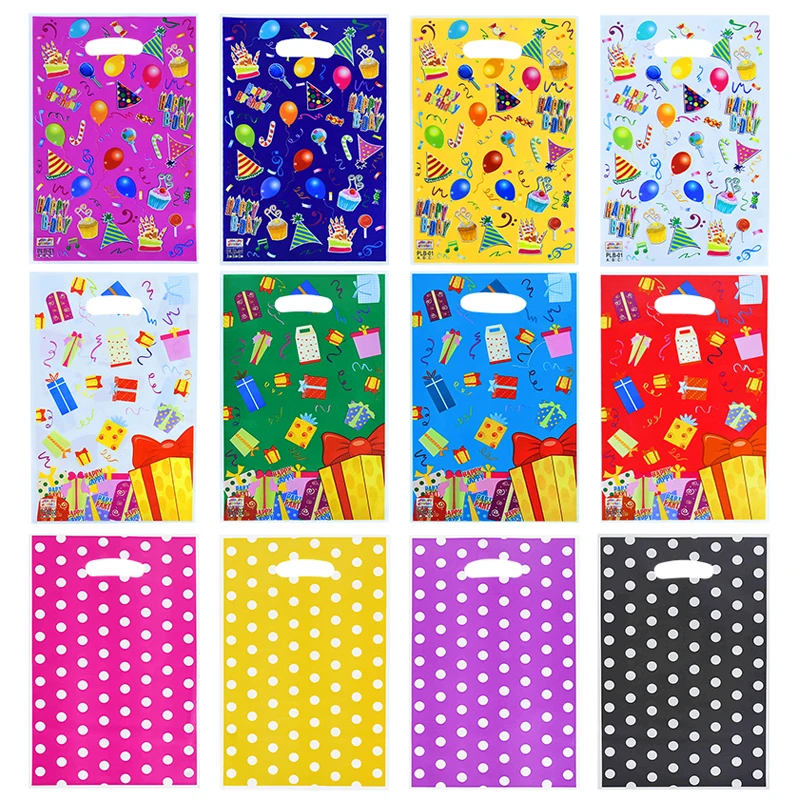 

10pcs 16*25cm Dot Gift Bags With Handles Birthday Hat Balloon Pattern Plastic Candy Bag Shower Wedding Party Gift Packing Decor