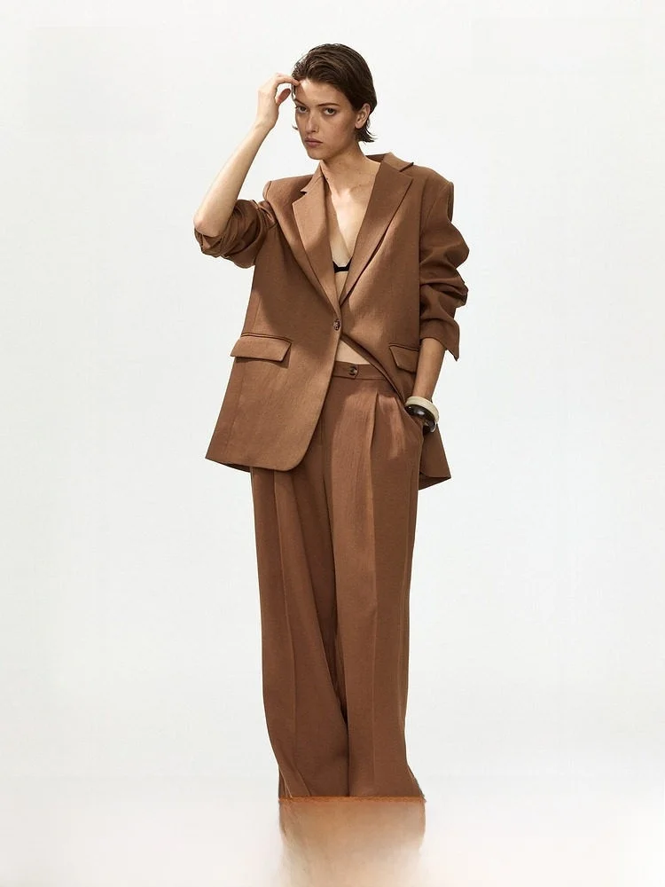

H&M Summer New Wide Leg West Pants Business Casual mid Waist Glue Nylon Polyester Fiber Women's Elegant Trousers