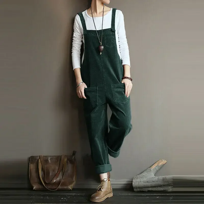 Vintage Corduroy Jumpsuits Women's Autumn Pants 2025  Casual Suspender Wide Leg Playsuits  Rompers Trousers
