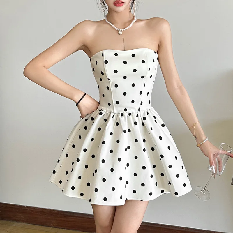 

Vintage Polka Dot A-Line Dress Sweet Sexy Off Shoulder Ruched Sleeveless Bra Dress Summer Party Holiday Evening Spicy Hot Girl