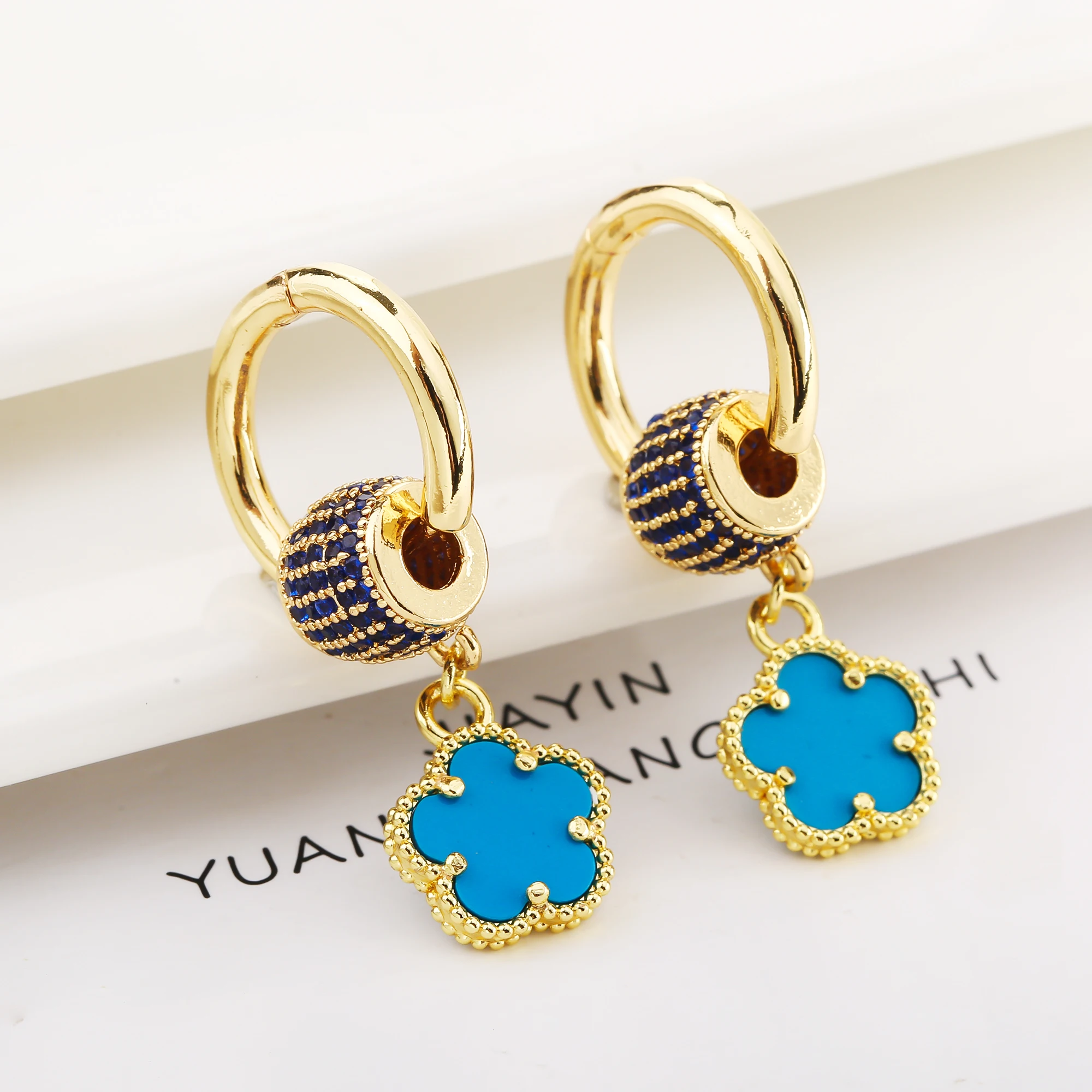 New Design Gold-Plated Five-Leaf Flower Stone Zircon Dangle Drop Earrings Creative For Woman Birthday Jewelry Accessories Clover