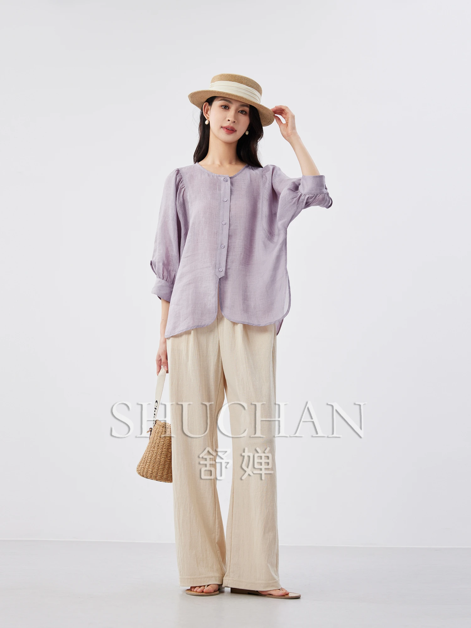 

Summer Thin Shirt Loose Round Neck 3/4 Sleeve Ramie Lyocell Women Shirt Bluson Mujer De Moda 2024