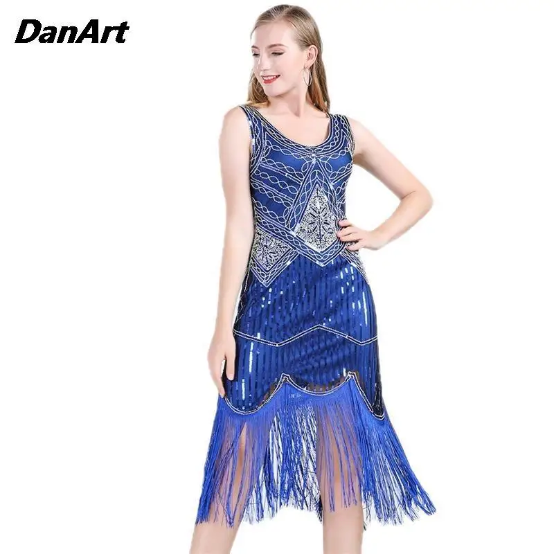 1920s Vintage Flapper Great Gatsby Party Dress V-Neck Sleeveless Sequin Beaded Style Tassel Flapper Vestidos Feminina