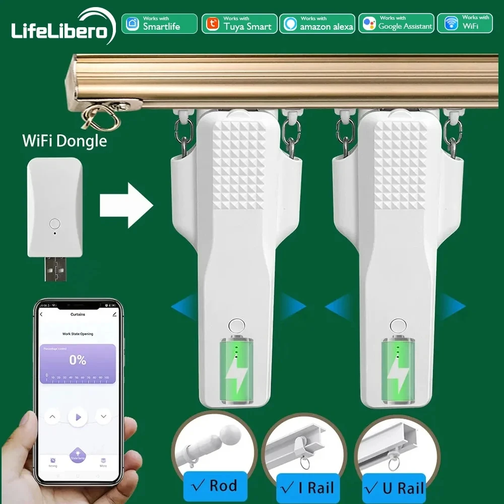 LifeLibero-Tuya WiFi Cortinas Inteligentes para Windows, Robot Motor, Fit para Cortina Elétrica Trilho, Faixa Rod I U Suporte, Alexa