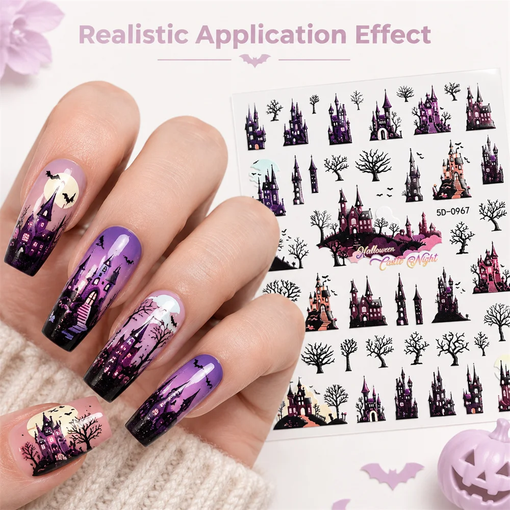 5D Purple Magic Castle Nail Stickers Halloween Embossed Bat Shiny Design Self-Adhesive Nail Art Decals for DIY Manicure Decor