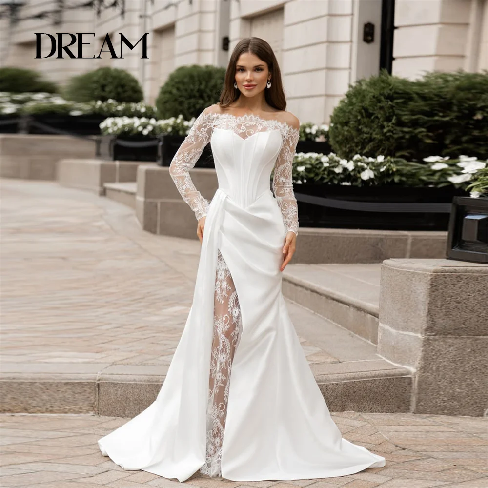 DREAM Elegant Lace Mermaid Wedding Dress Women Off The Shoulder Long Sleeve Pleat High Side Split Vestidos De Noiva Customized