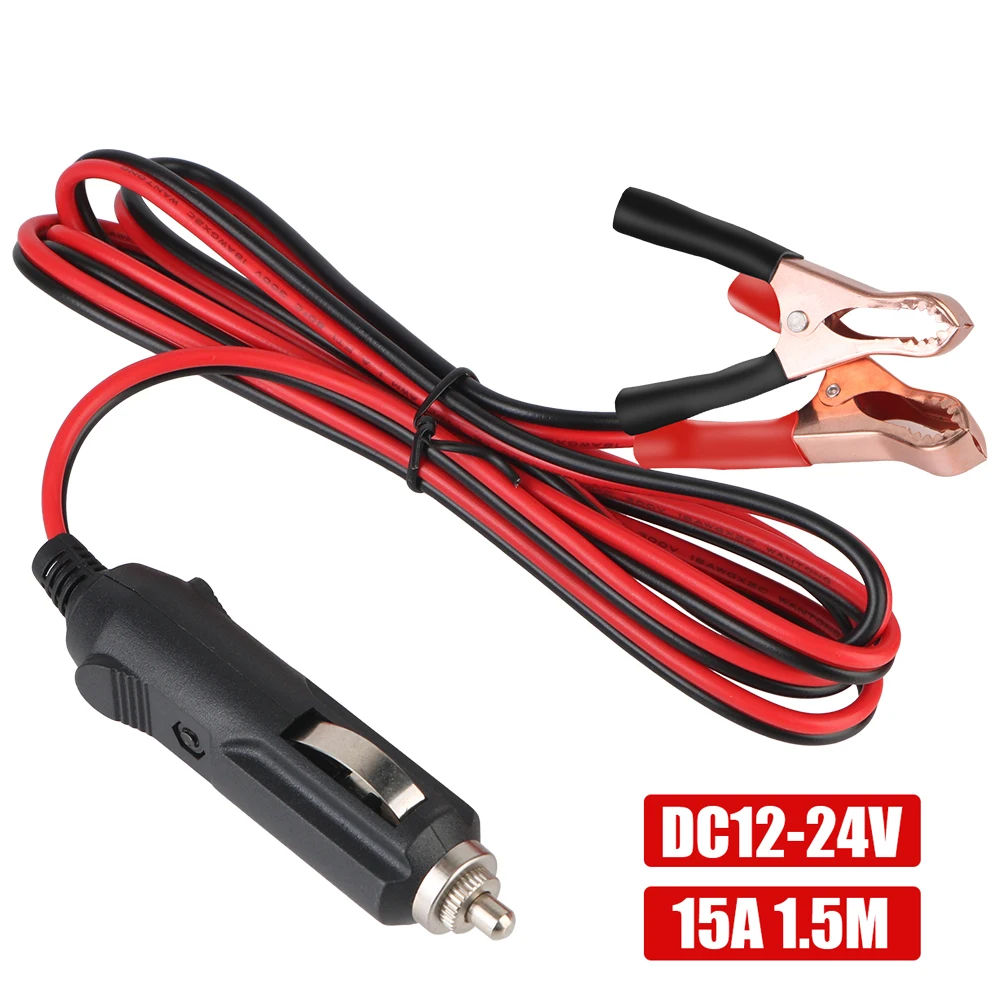 Enchufe para encendedor de cigarrillos de coche, cable de extensión de batería con Clip de cocodrilo, fusible de 15A, adaptador de enchufe macho, extensor de cable de alimentación, 24V, 12V