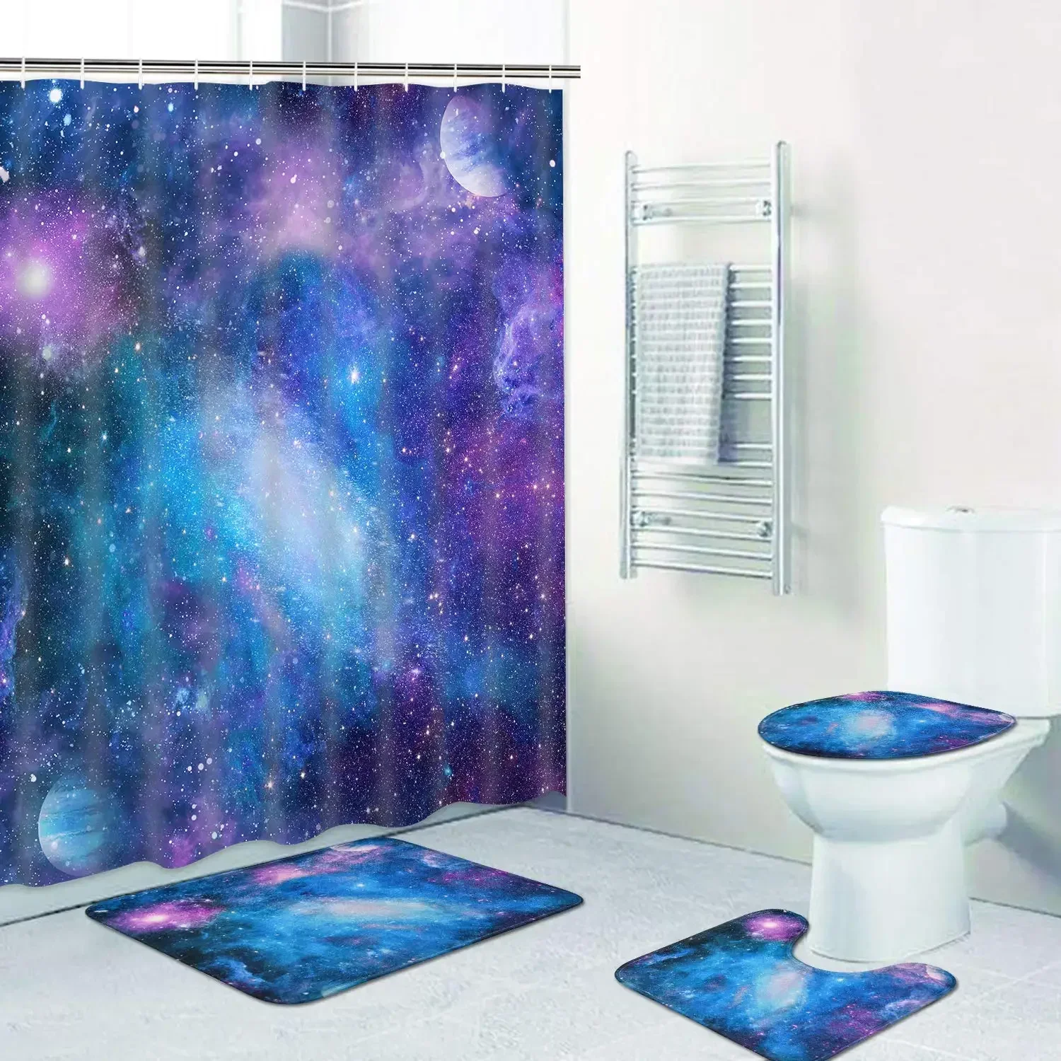 Purple Galaxy Shower Curtain Set Non-Slip Rug Toilet Lid Cover Bath Mat Starry Space   Nebula Universe Bathroom