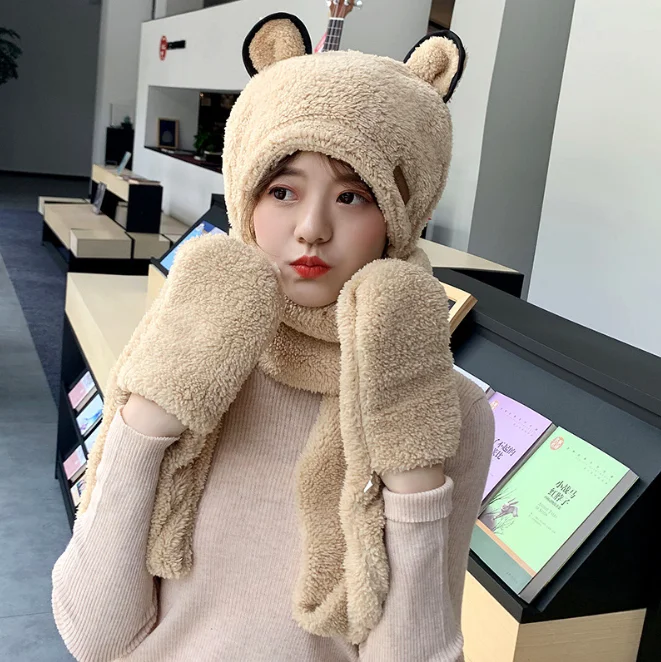 Conjunto de tres piezas de terciopelo Coral para niña, conjunto de guantes de felpa, gorro, bufanda, oso, cálido, lindo, cálido, Otoño e Invierno