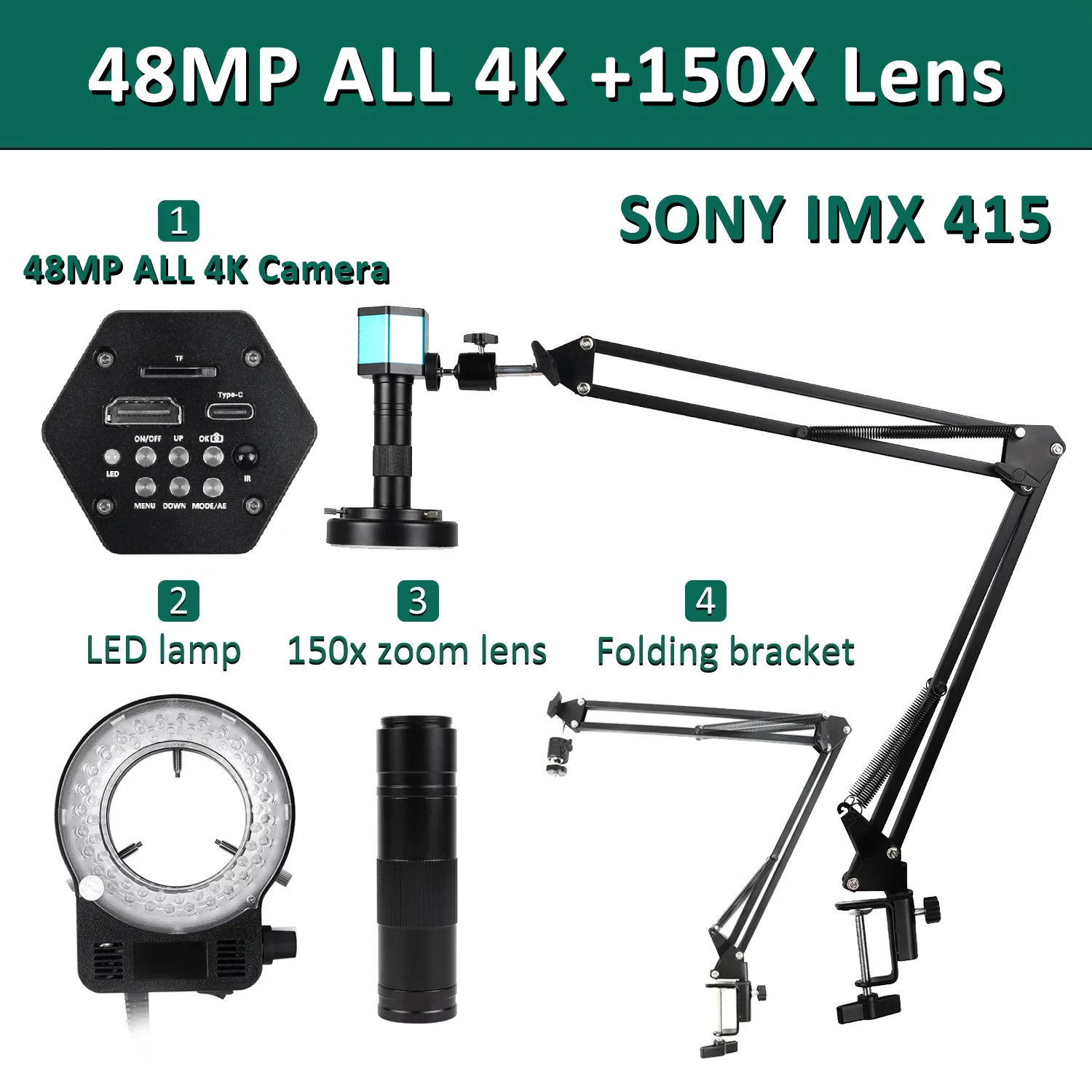 4K Microscoop Voor Elektronica 48MP Digitale Microscoop Camera Optioneel 1-150x Lens LED Licht Opvouwbare Beugel Telefoon Pcb Solderen