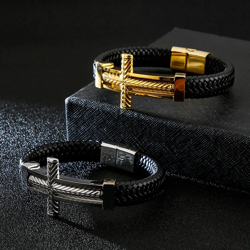 

Punk Cross Design Leather Bracelet Classic Stainless Steel Men's Bangles Jewelry Luxury Multicolor Handsome Christmas Gifts