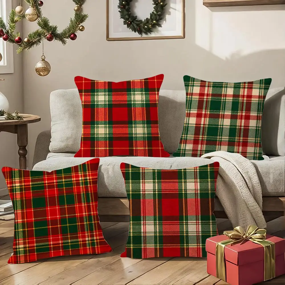 Christmas Retro Plaid Pattern Cushion Cover Square Decorative Sofa Pillow Case Bedroom Living Room Home Decor Gift
