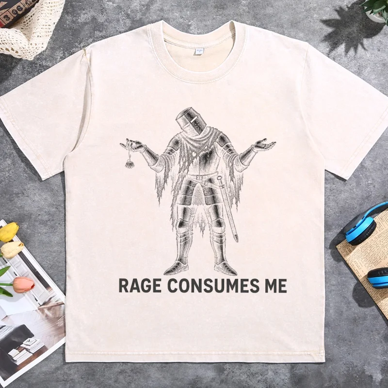 Rage Consumes Me T-Shirt for Men Women Comfort Dark Fantasy Knight Tee Vintage Washed Medieval Sword Gothic Tshirt
