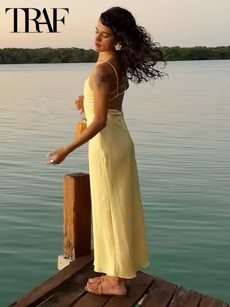 HXAO femmes robe jaune Slip Satin robes longues été 2025 femme Sexy Midi col en V profond dos nu robe robe robes de soirée