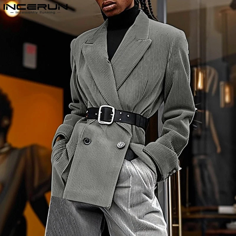 INCERUN Men Blazer Solid Color Corduroy Lapel Long Sleeve Button Casual Male Suits Streetwear Autumn 2024 Fashion Coats S-5XL