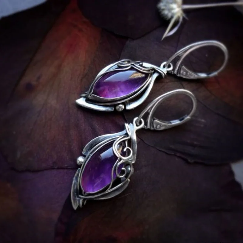 Gorgeous Silver Color Metal Oval Flower Geometry Purple Stone Dangle Earrings for Women Jewelry