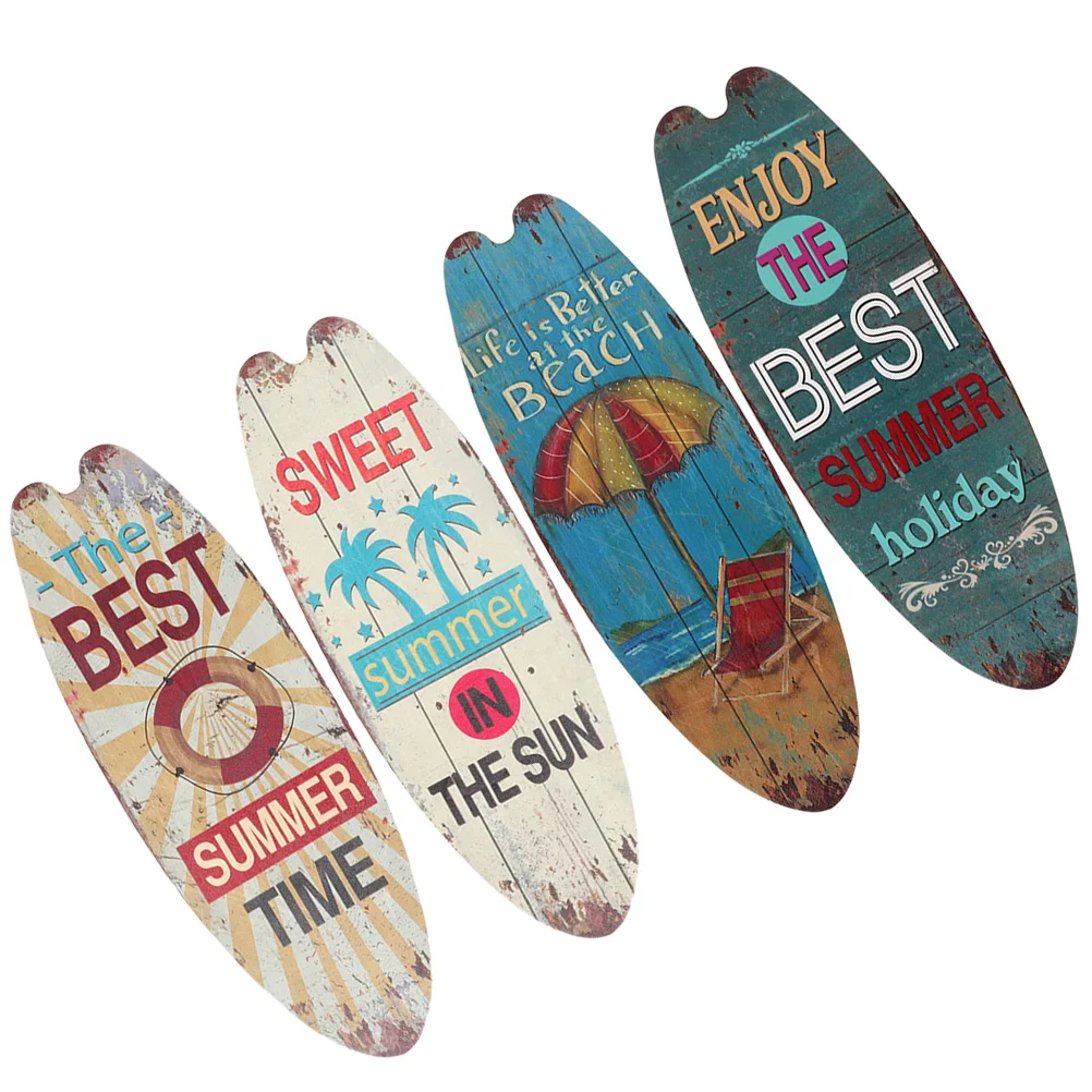 

4 Pcs Surfboard Signs Outdoor Room Decor Wooden Ocean Decorations Home Wall Plaque Seaside