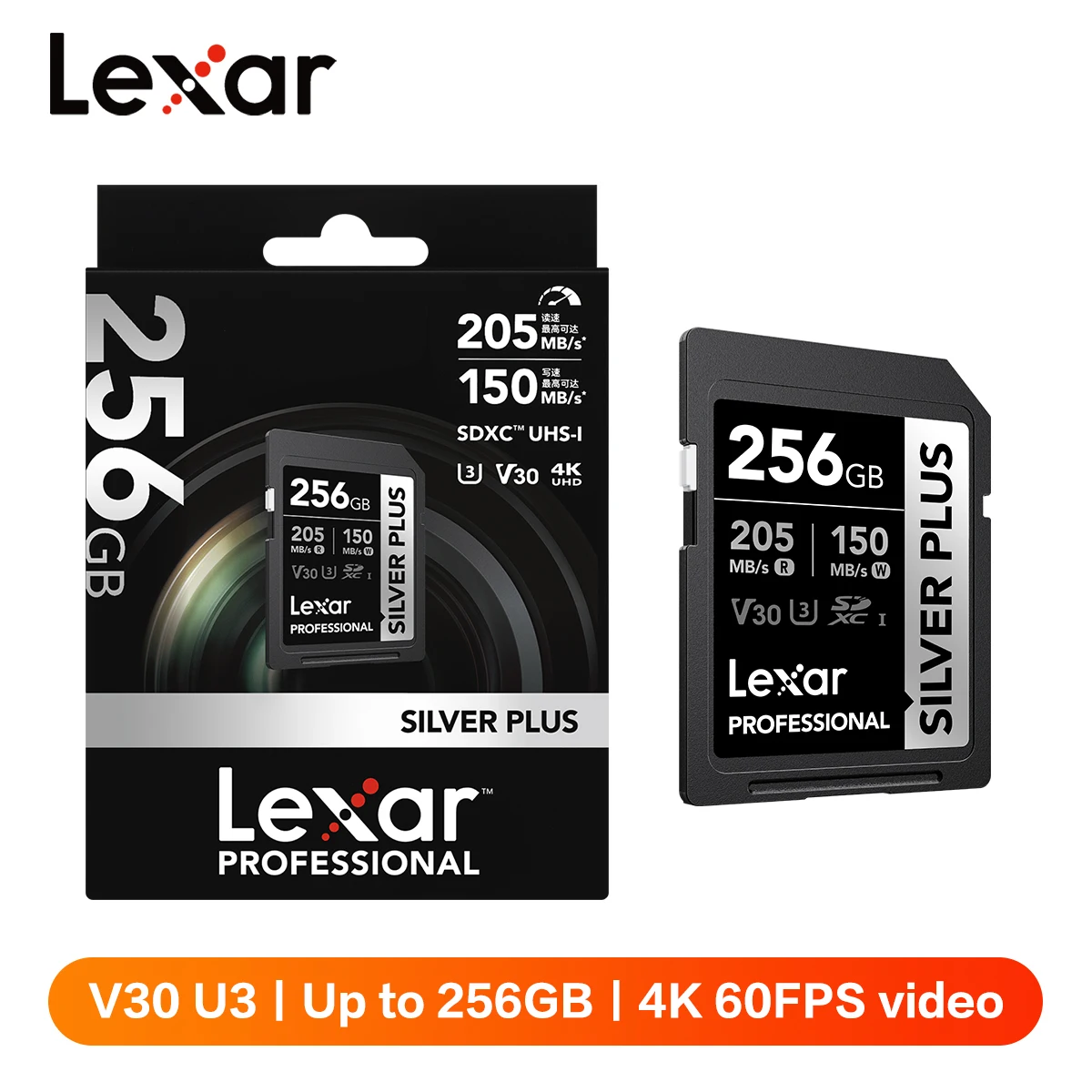 Original Lexar SILVER PLUS SD Card Memory Card V30 UHS-I 205MB/s SDXC 64GB 128GB 256GB 4K Video for Canon Sony Nikon Camera