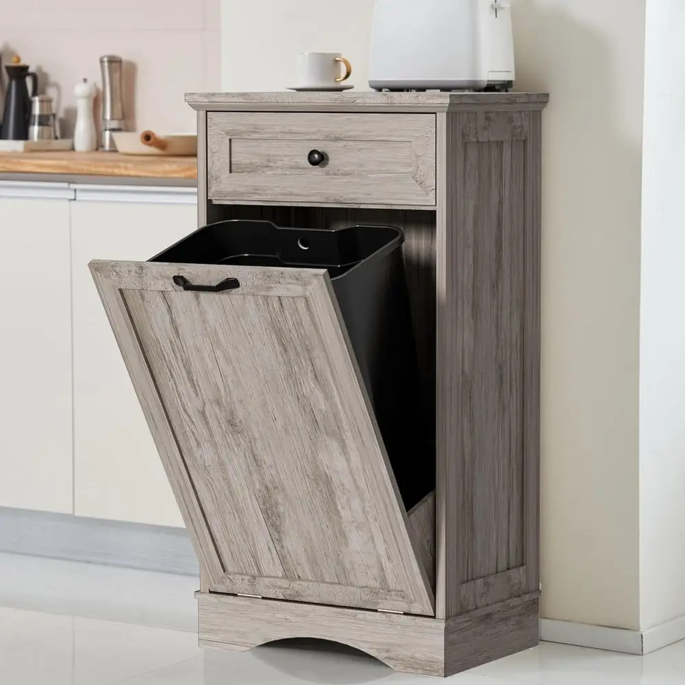 

Grey Wooden Kitchen Trash and Recycling Bin Cabinet with Hidden Pet Proof Lid