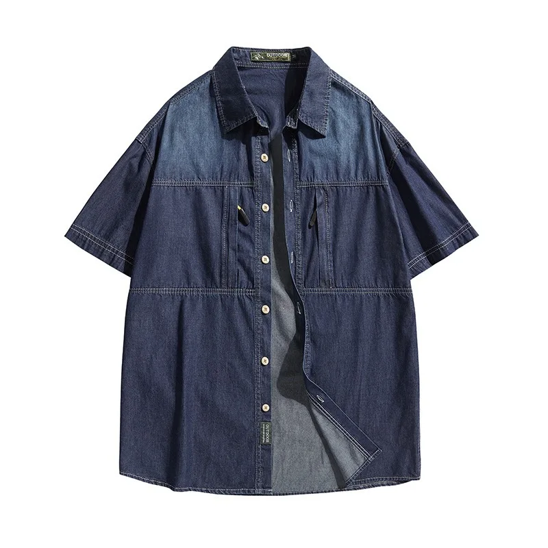 

New Fashion Men Classic Blue Short Sleeves Denim Shirts Trendy Casual Jeans Shirts Quality Male Cotton Comfortable Shirts Size 5
