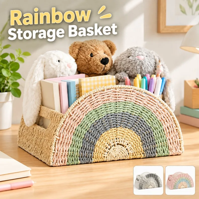 Rainbow Book Storage Basket, Desktop Organizer Pen Holder, Large Capacity Stationery Storage Box for Office Home Books Pens