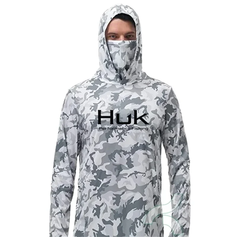 HUK Fishing Shirt UPF 50+ Hooded Face Cover Fishing Clothes Sun UV Protection Long Sleeve Hoodie Men\'s Face Mask Camisa De Pesca