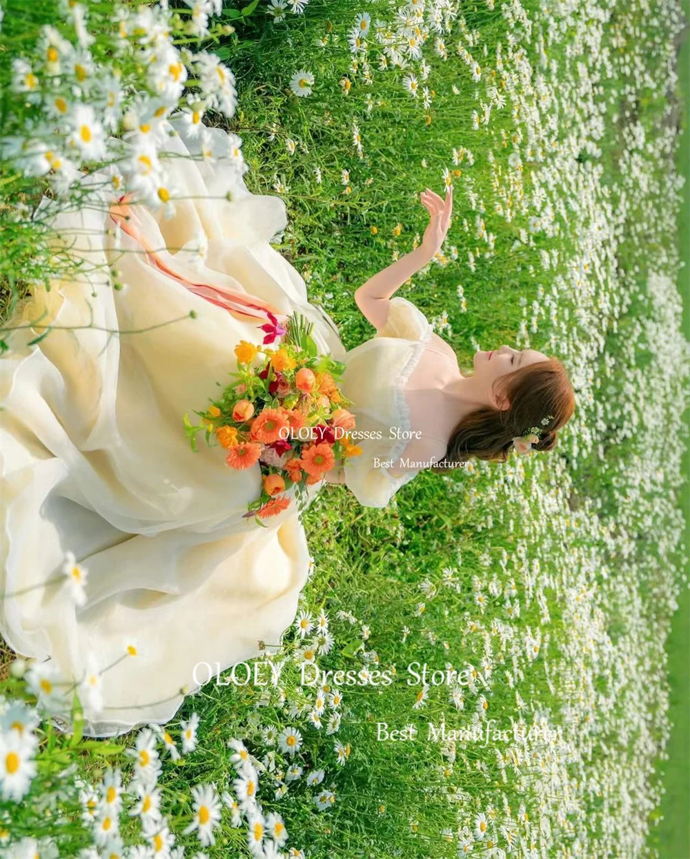 OLOEY vestido de novia de Organza de línea A, vestido de novia de princesa, amarillo claro, hombros descubiertos, longitud hasta el suelo, sesión de fotos de Corea