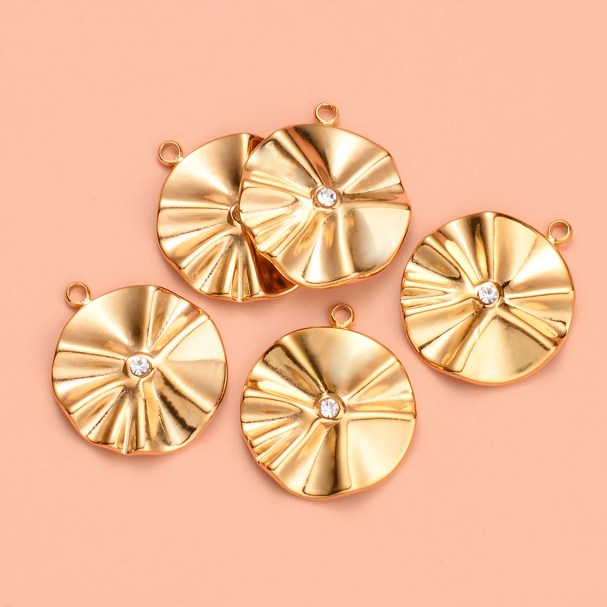 3pcs Stainless Steel Pleated Textured Round Rhinestone Pendant Gold Plated for Earring Necklaces DIY Jewelry Making Supplies