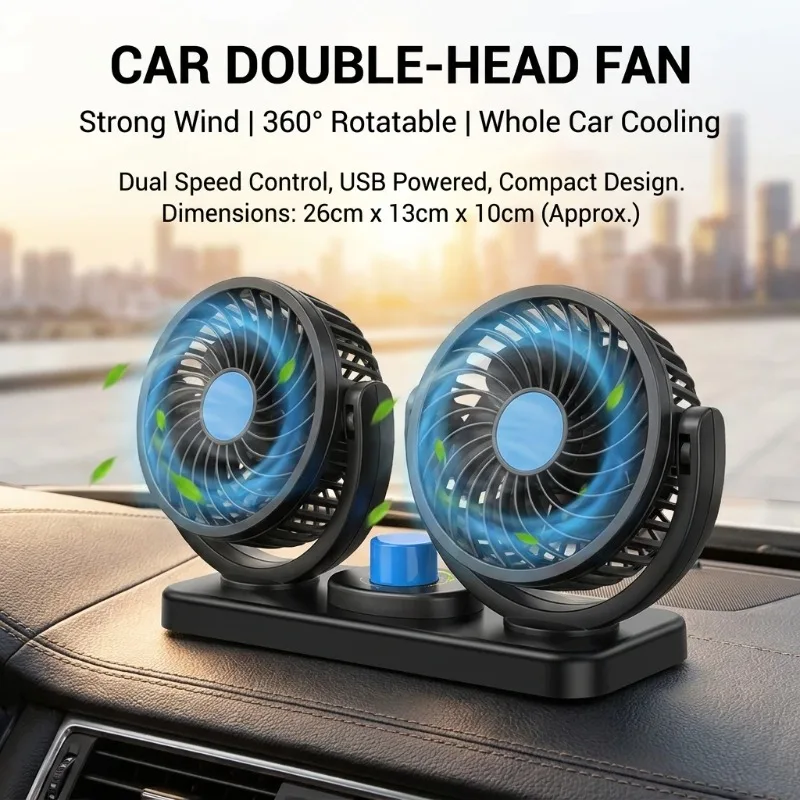 Ventilador de Carro Multi-Voltagem 1pc |   Cooler USB de Cabeça Dupla |   Ajustável em 2 Velocidades |   Ventilação Automática de Ar |   Compatível com 5V/12V/24V