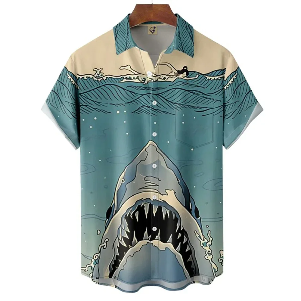 3D Printed Shark Shirt Mens Ocean Animal Graphic Short Sleeve Button Down Casual Summer Beach Fishing Vacation Novelty Vintage