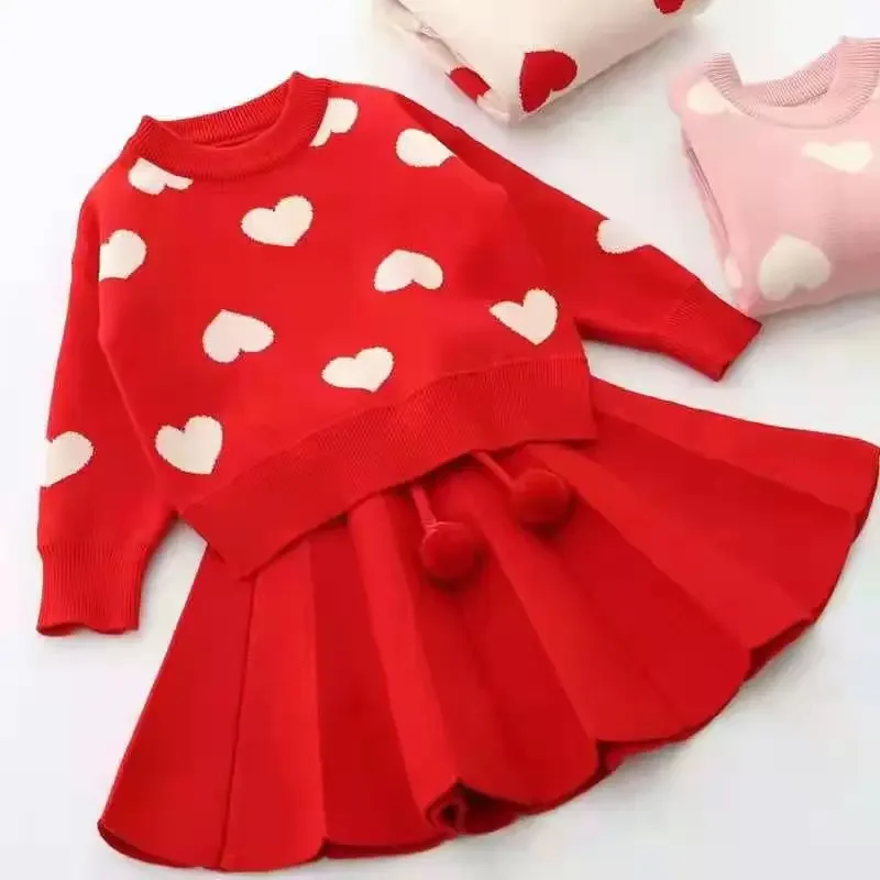 Autumn Winter Children\'s Love Sweater Skirt Two Piece Suit Woollen Clothing Set Long Sleeve 1-5 Years Kids Girls Knit Clothes