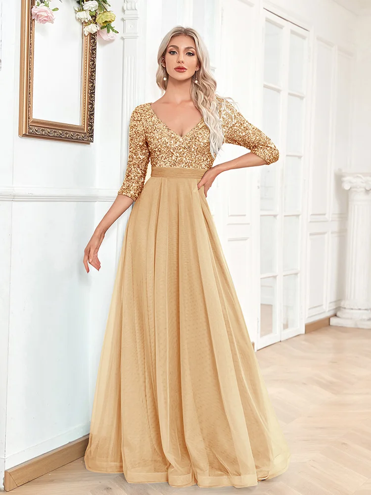 

New Luxury Floor Length V-Neck Evening Dress Women Elegant Party Maxi Dress Sequin Short Sleeves Prom Cocktail Gown Hot Sales