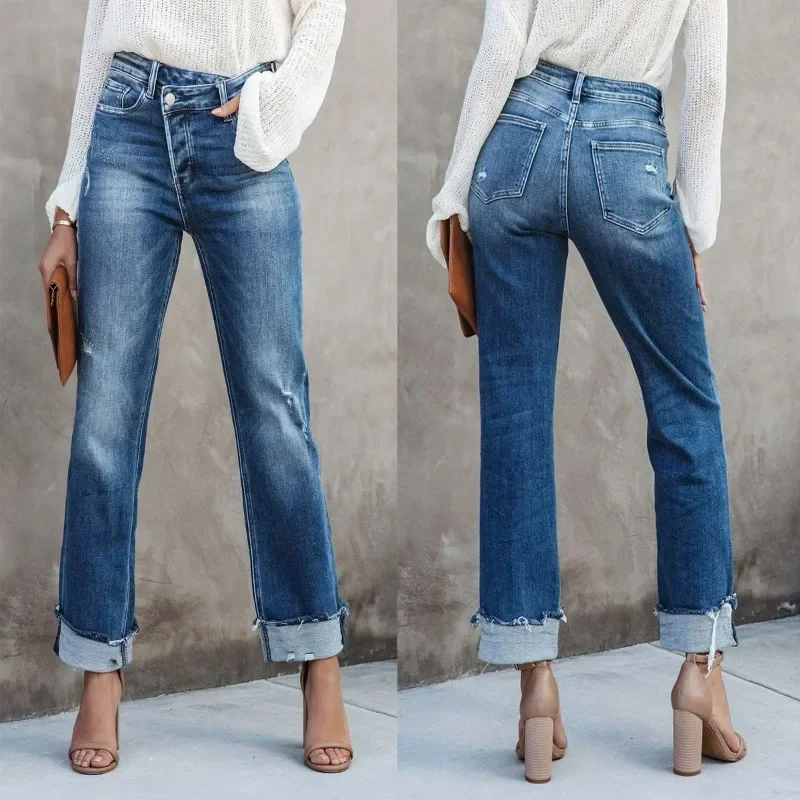 Autumn Winter New Urban Leisure Commute Daily Street Washed Women's Straight-Leg Denim Trousers