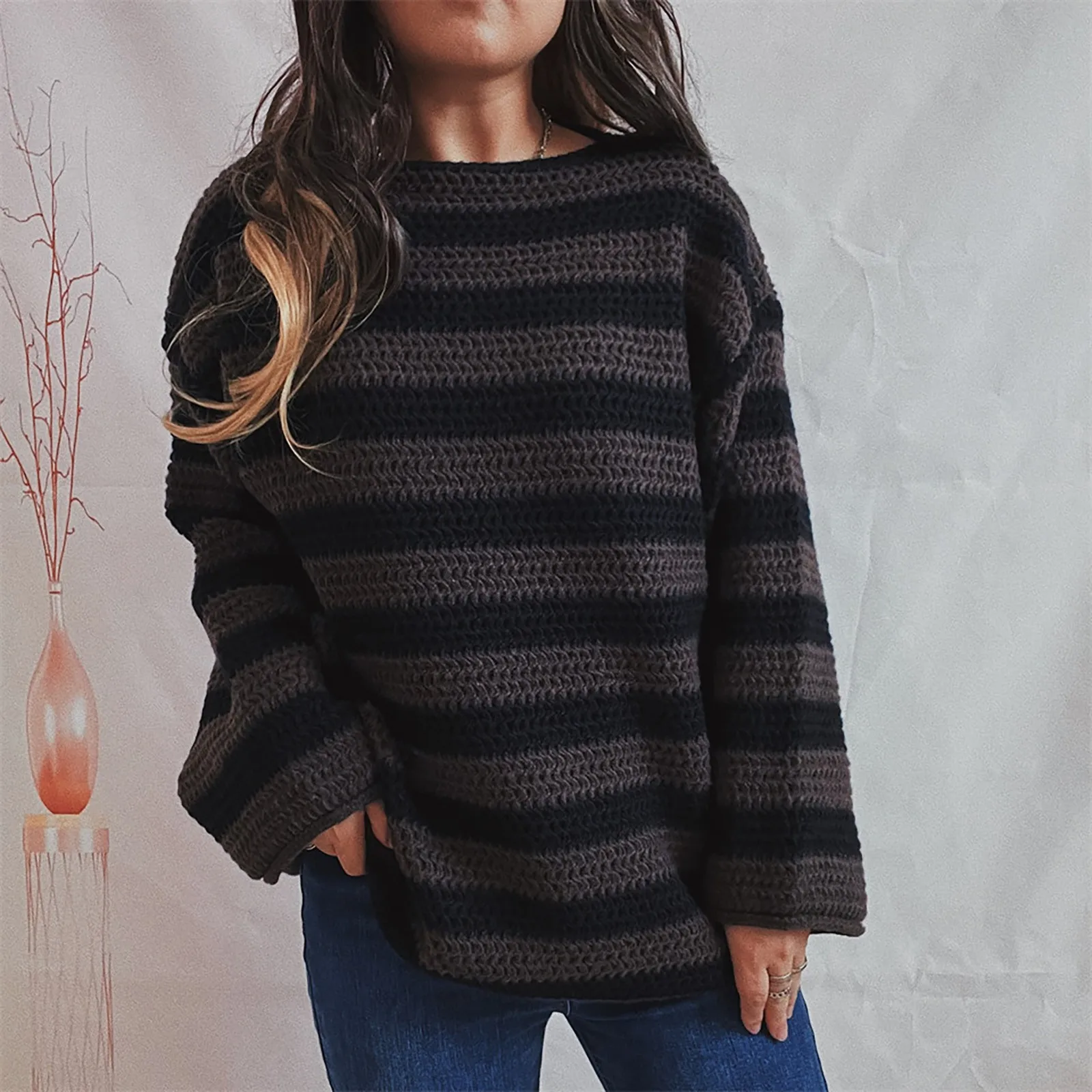 

Women's Autumn And Winter New Casual Fashion Loose Round Neck Stripe Long Mens Warm Sweatshirt Oversized Christmas Sweater