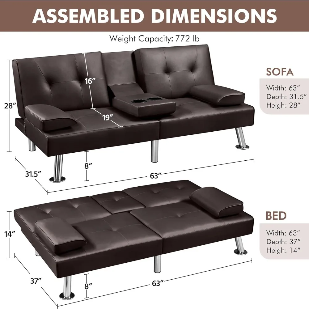 Sofá-cama conversível ajustável moderno em couro sintético com sofá reversível, apoios de braços removíveis, reclinado de 3 posições, 772 lb