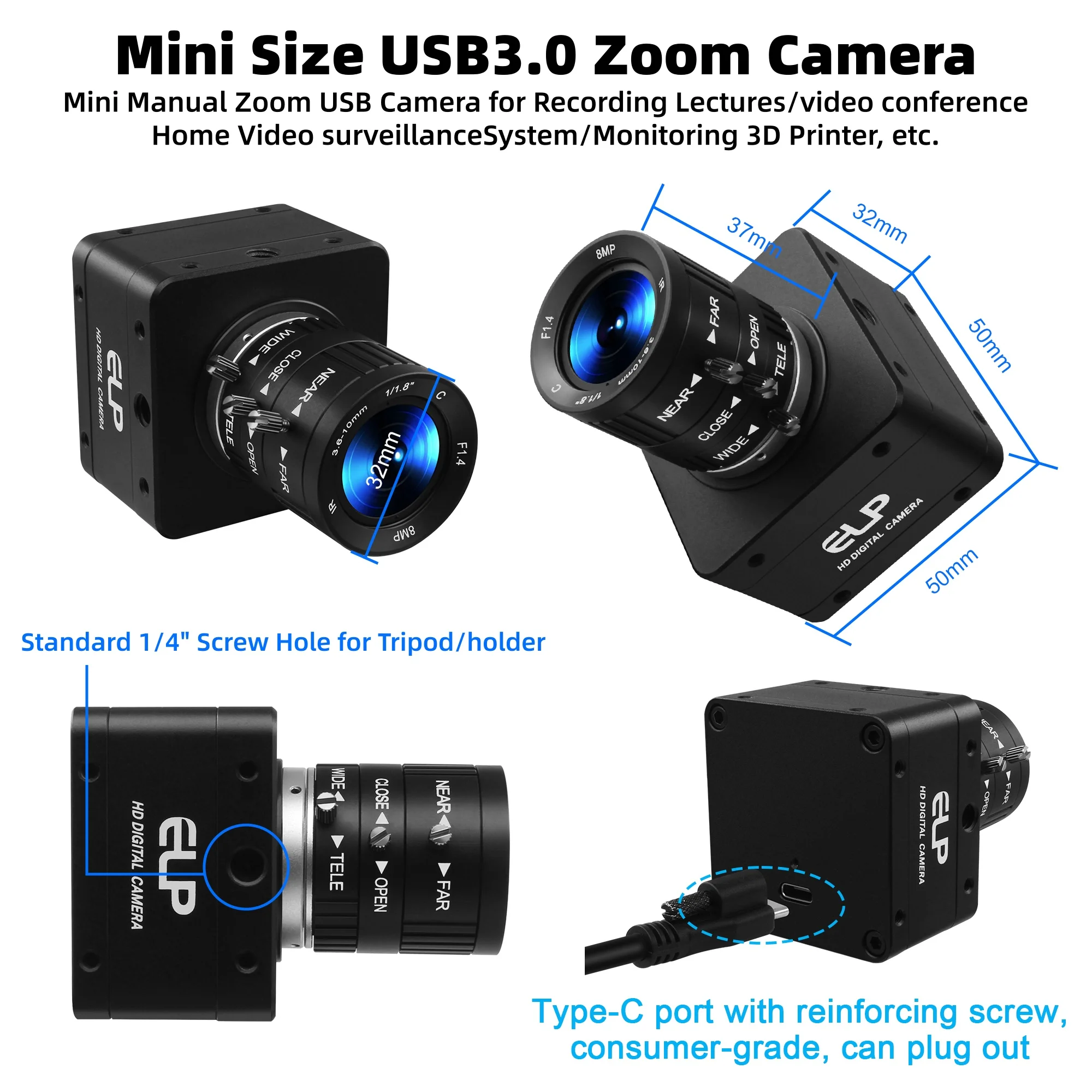ELP USB3.0 1200P Global Shutter Camera, 120FPS High Speed 3.6-10mm Lens 3X CS Varifocal Webcam for Motion Capture,Plug and Play