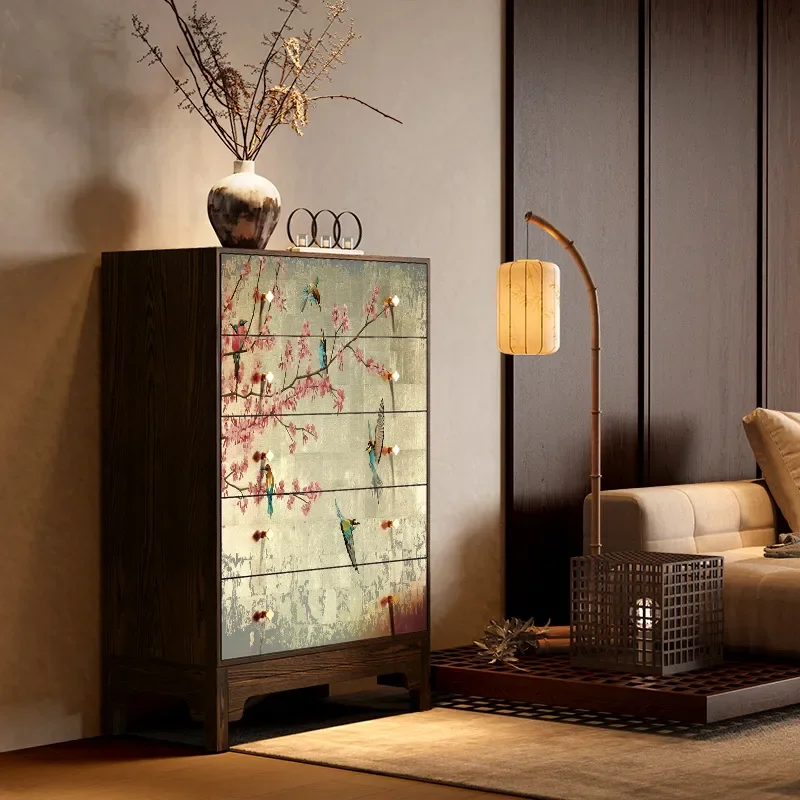 Song Dynasty Style Flower Bird Solid Wood Chest Cabinet Living Room Storage Decorative Locker Bedroom Bedside Drawer Unit