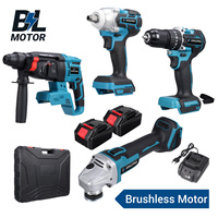 Drillpro 4pcs Power Tool Set 800N.m Electric Wrench 125mm Angle Grinder Brushless Electric Hammer 10mm Drill w/ 2 Battery