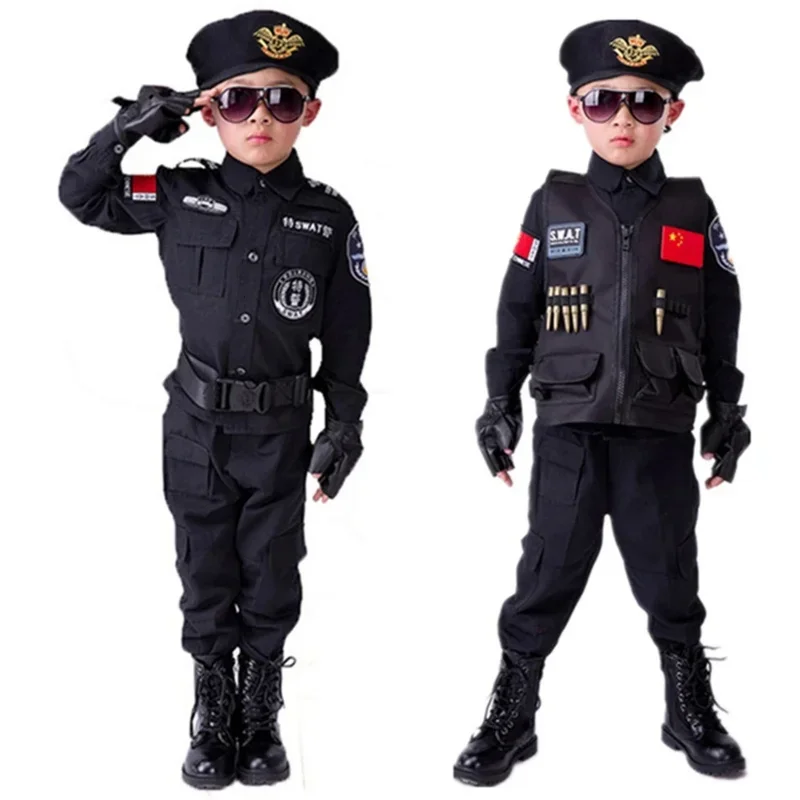 Coslan Jungen Polizisten Kostüme Kinder Cosplay für Kinder Armee Polizei Uniform Kleidung Set Langarm Kampf Leistung Unifo