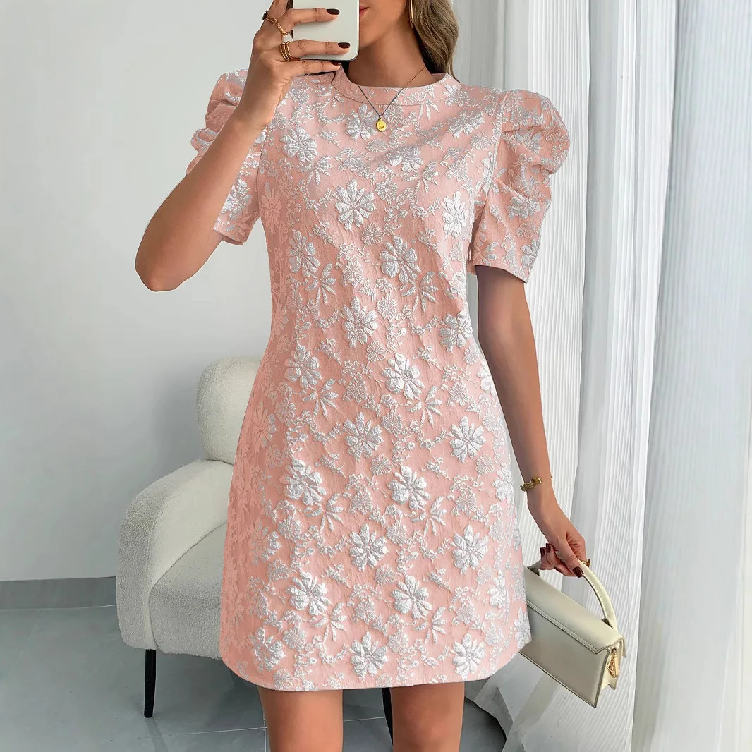 

Women's Elegant Puff Sleeve Jacquard Midi Dress Summer Ladies Round Neck Short Sleeve OL Office Casual Party Sundress Size S-2XL