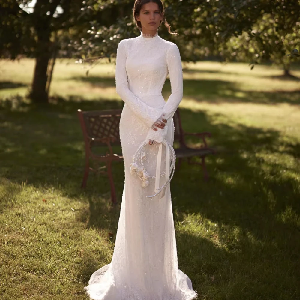 Customized White Classic Beaded Lace Wedding Dress For Woman Bride Modest High Collar Long Sleeve Elegant Mermaid Bridal Gown