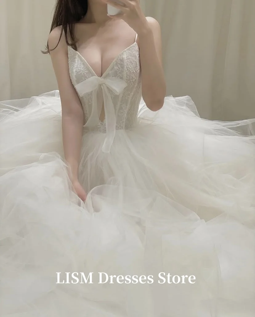 LISM Sweetheart A-Line 리본 한국 웨딩 드레스 맞춤형 실크 Tulle 긴 우아한 신부 가운 결혼식 드레 사진 촬영