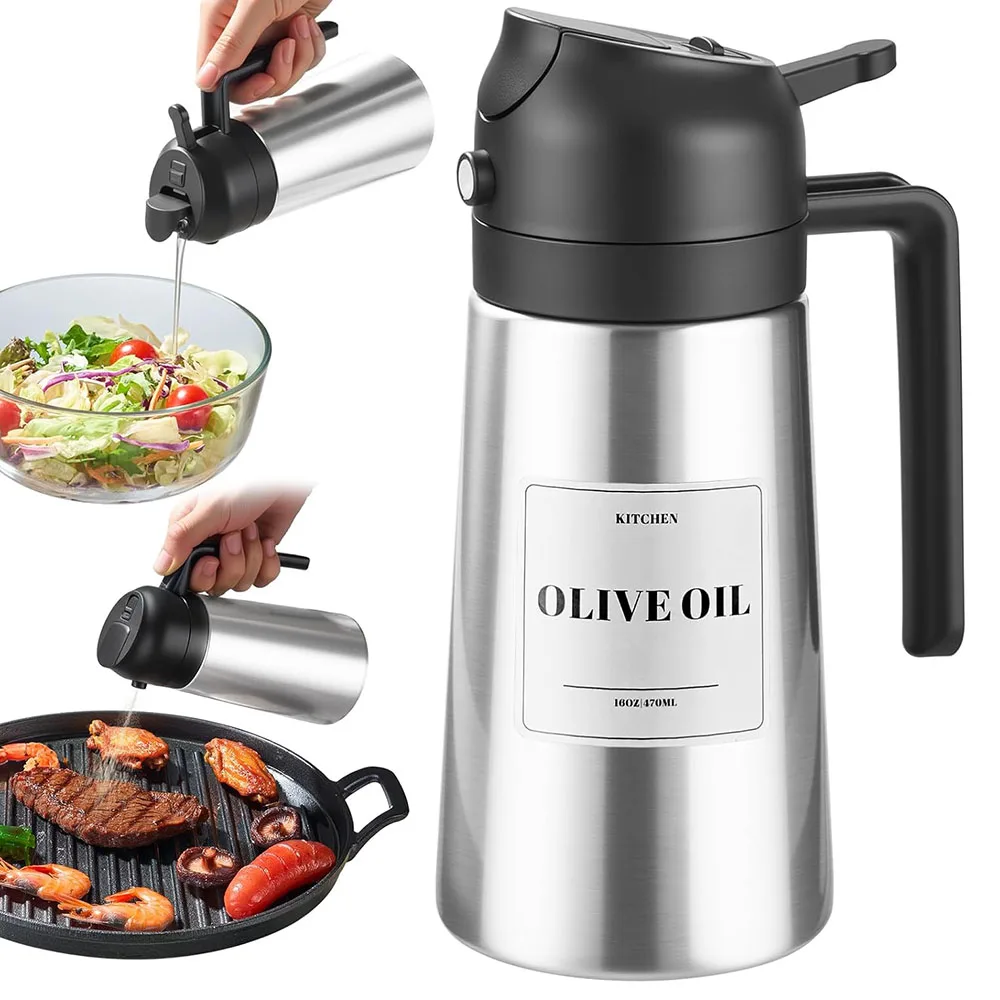 Oil Dispenser Bottle with Stainless Steel Shell&Ceramic Sprayed Interior,2 in 1 Olive Oil Sprayer and Dispenser,Oil Spray Bottle