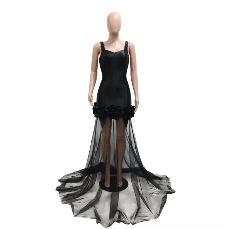 Diamonds 3D Flower Mesh See Through Women Sleeveless Bodycon Long Dress Birthday Party Evening Prom Maxi Mermaid Dresses