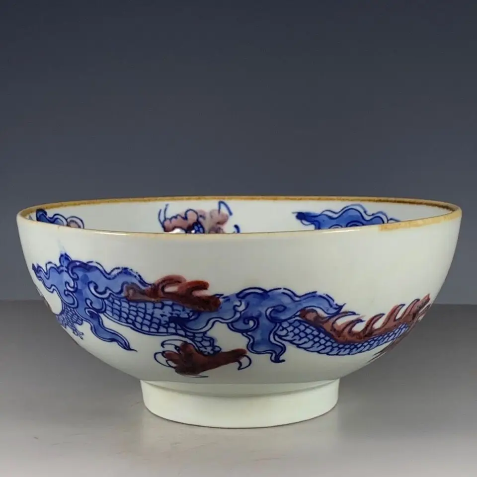 Chinese Wenwan Porcelain Large Bowl, Qing Dynasty Style Underglaze Red Wall-Crossing Dragon Pattern Big Decorative Bowl