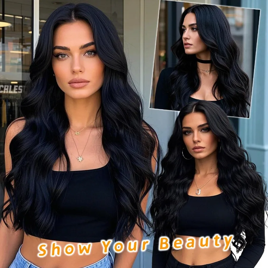 باروكة صناعية طويلة مموجة من الجزء الأوسط مقاومة للحرارة مع خط شعر دانتيل 4 × 1 للنساء مثالية للارتداء اليومي والمناسبات الحفلات 24