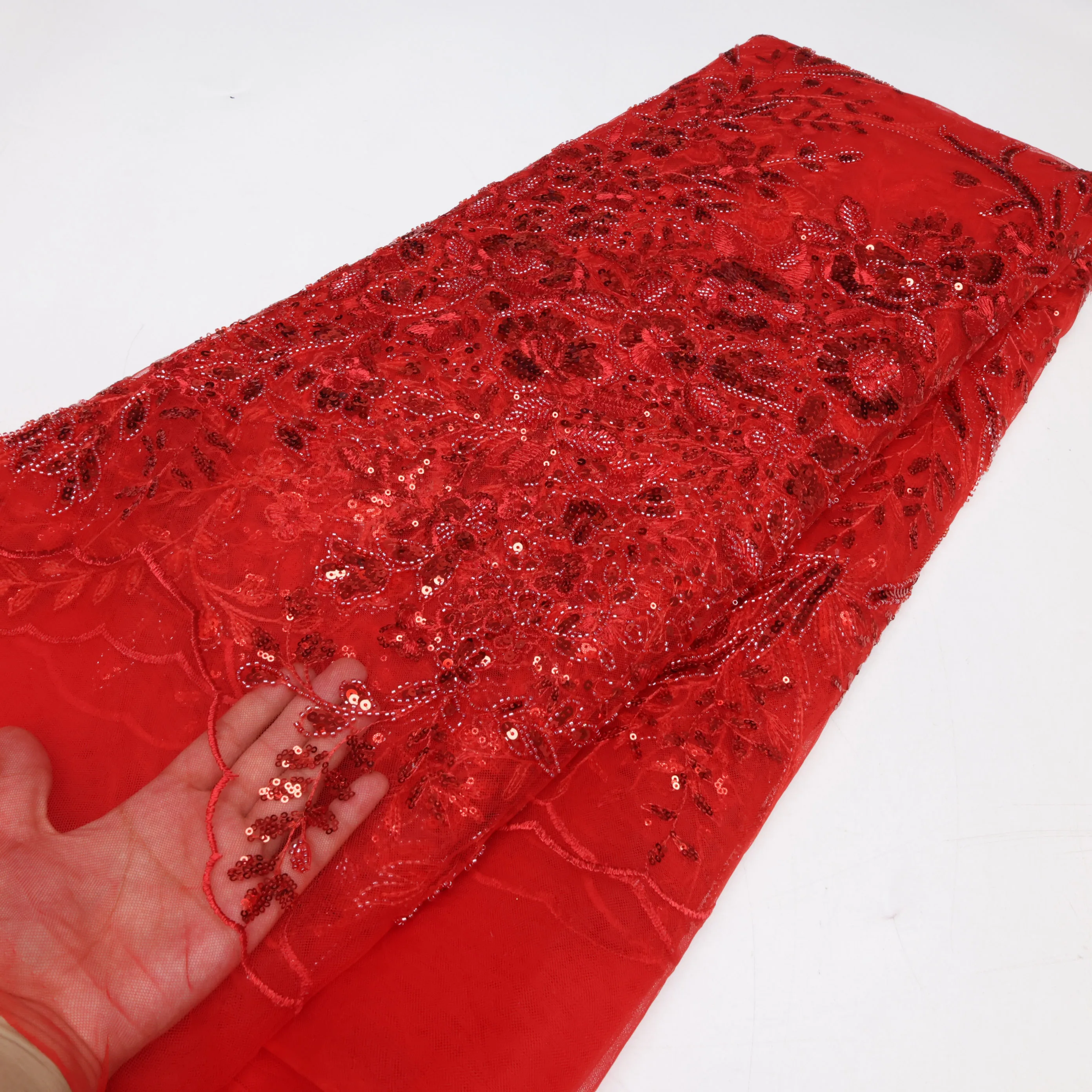 

African Sequins Beaded Lace Fabrics High Quality Sequence Embroidery French Tulle Nigerian Lace Fabric For Woman Wedding