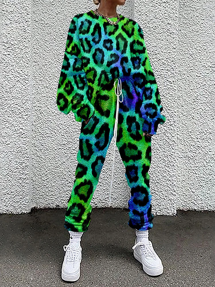 Women Tracksuit Hipster Street Style Colorful Leopard Printed Casual Full Sleeve O Neck Sweatshirt + Drawstring Pants Two-pieces