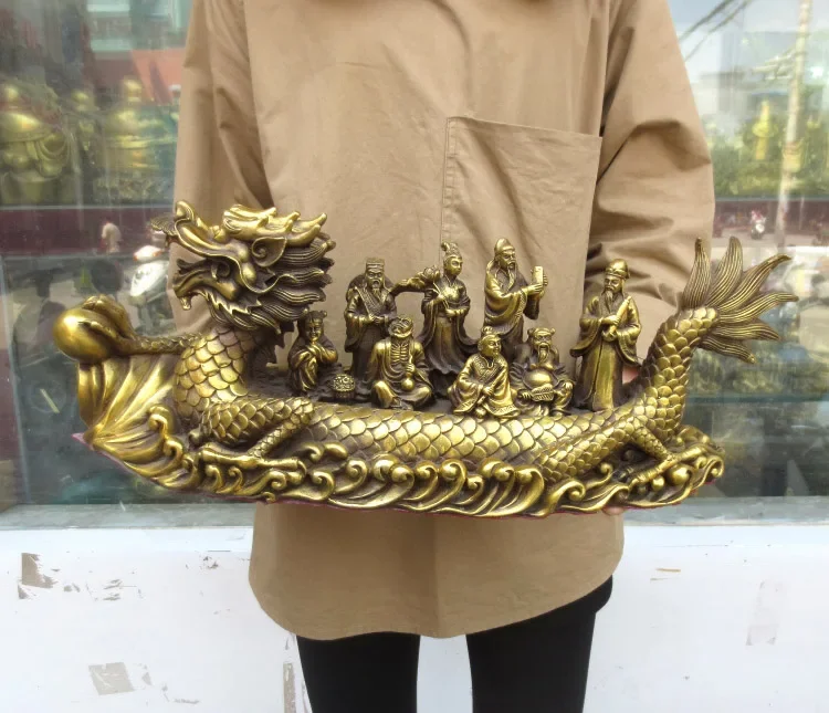 Good LUCK office SHOP TOP  Money Drawing GOOD LUCK Mascot # Asia Eight Immortals Dragon Boat FENG SHUI Brass statue